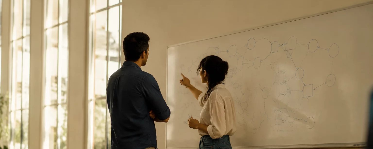 Participante com a mão erguida diante de uma mesa coberta de anotações